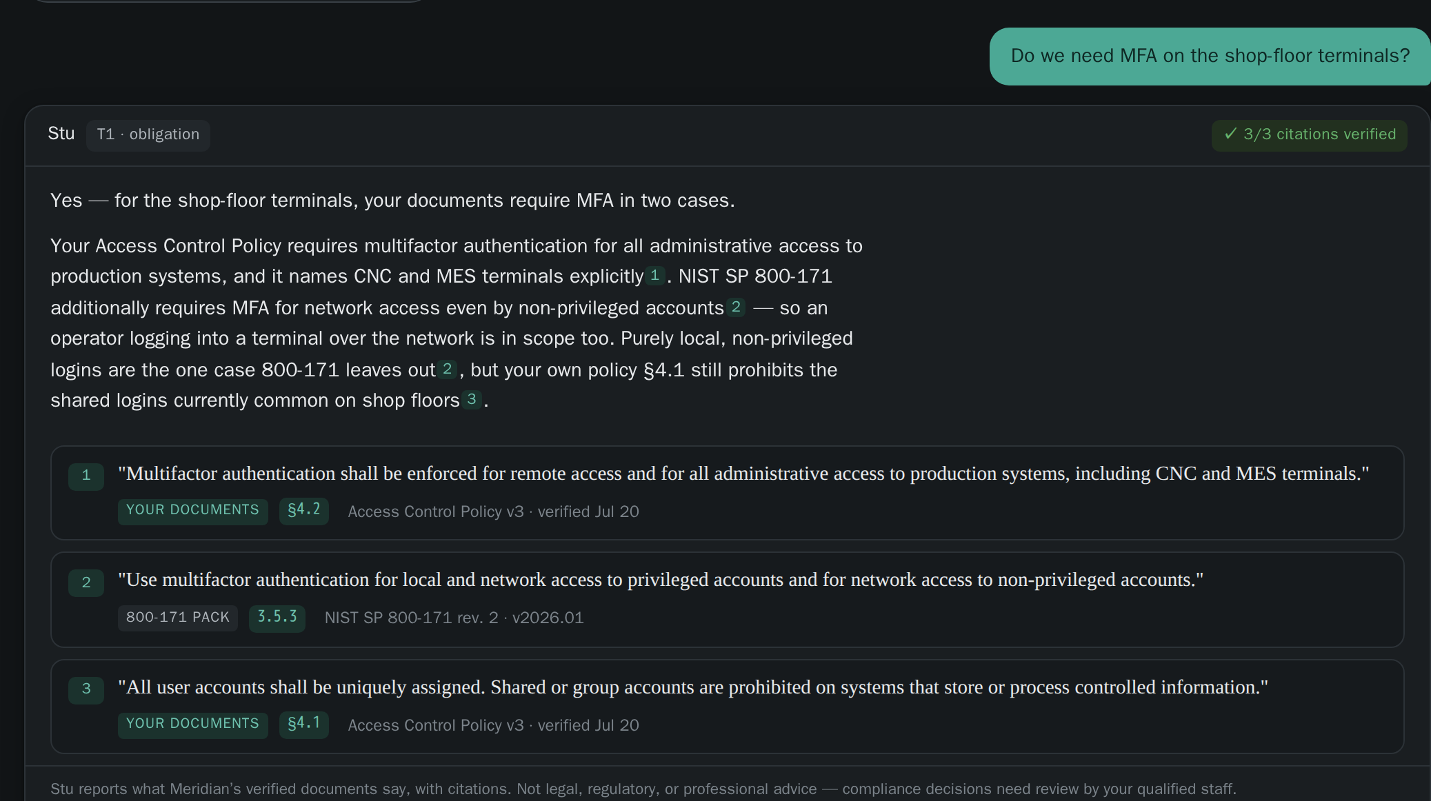 Interactive mock-up with sample data: a question about MFA answered with three quoted citations, each checked against the approved source. Fictional sample company.
