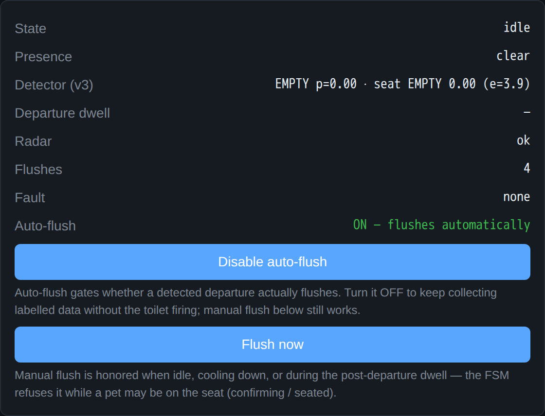 Device status: state idle, seat clear, the learned detector reading empty, auto-flush on