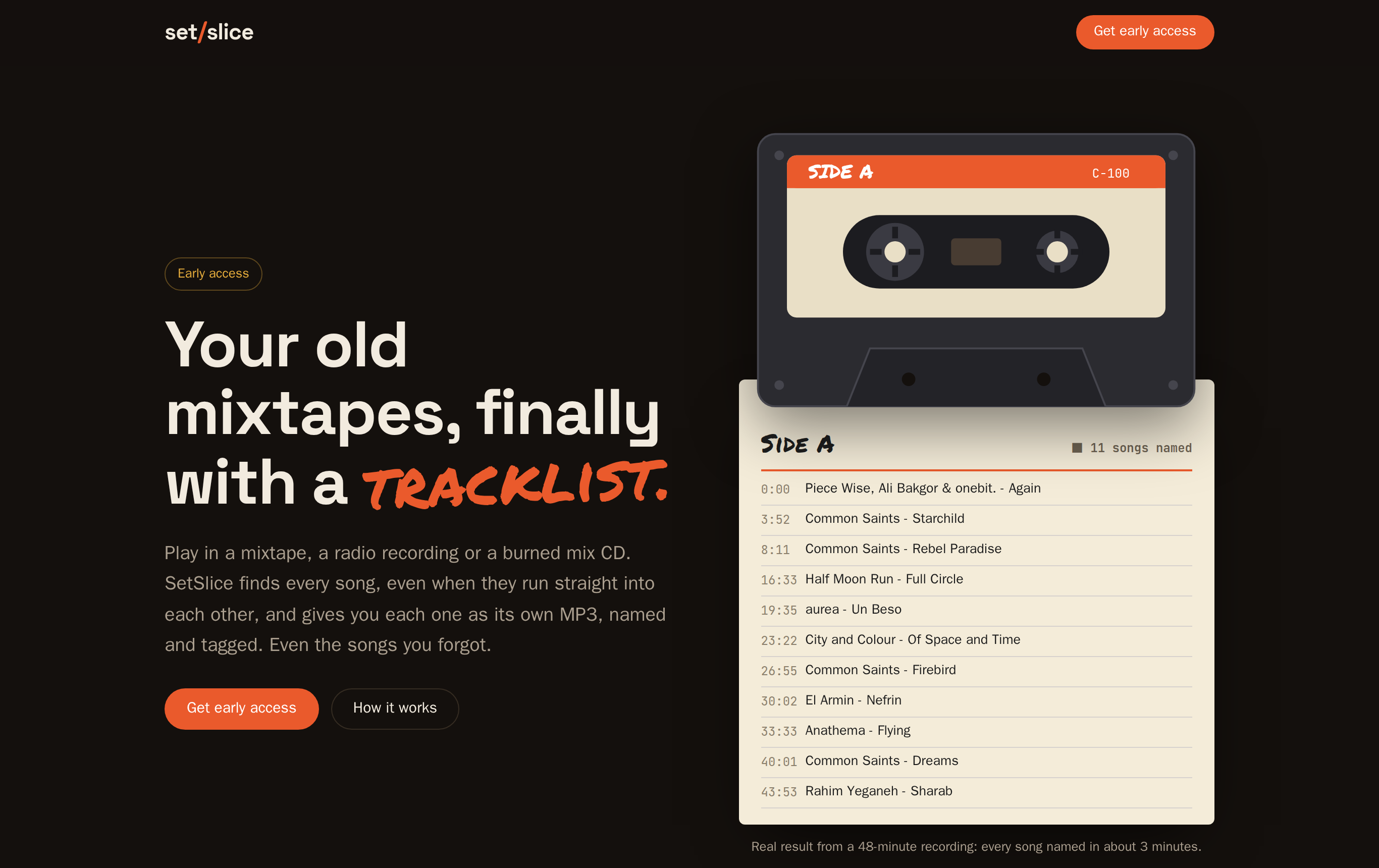 The setslice.app landing page: a cassette and a handwritten Side A tracklist, every song named, from a real 48-minute recording.