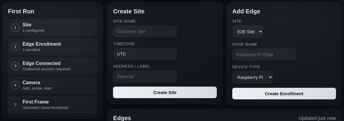 First-run setup: create a site, enroll an edge device, connect, add a camera, see the first frame. Test data.
