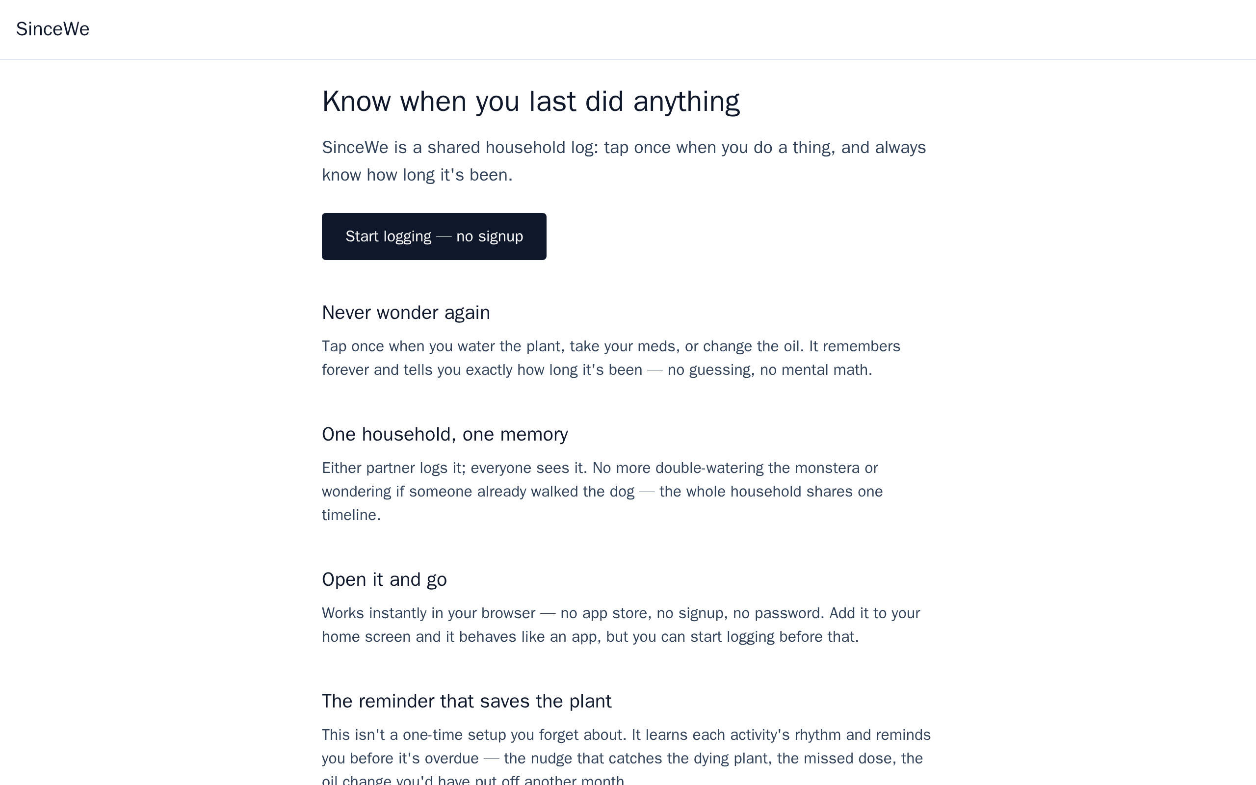 SinceWe welcome page: know when you last did anything